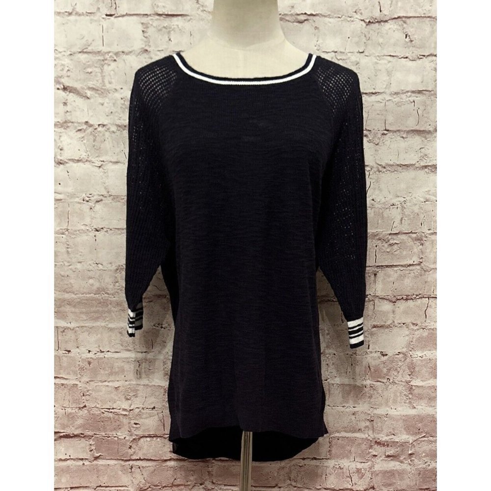 Express Womens Sweater Top L Open Knit Mesh Short Sleeve Boxy Dark Blue White